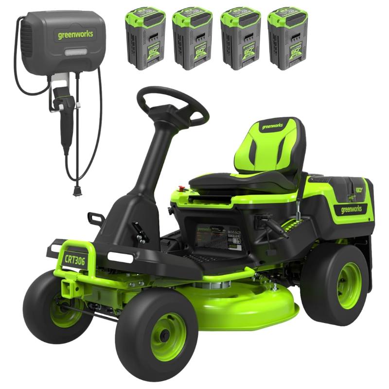 Greenworks 30in 60V 16HP Equivalent Riding Lawn Mower 1.25 Acre Tow Capacity 200 lbs with (4) 8.0Ah Batteries & Turbo