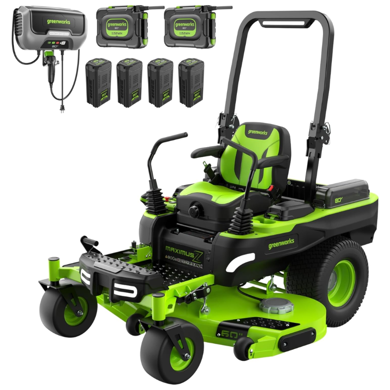 Greenworks 60in 80V 41HP Equivalent Riding Lawn Mower 5.12 Acre Rear Dump Bed with (2) 16.0Ah + (4) 8.0Ah Batteries &